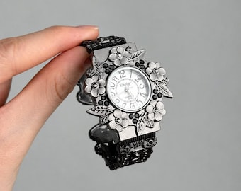 Reloj de pulsera con colgante de flor de plata, estilo vintage único, pulsera de filigrana, regalo artesanal para ella, joyería de boda, accesorios para mujer
