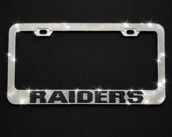 Handmade Bling Raiders License Plate Frame Custom Rhinestone Car Accessories Sports Fan Decor Premium Crystal Auto Cover Carbon Black Style