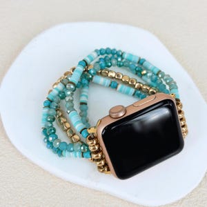 Boho Multi Strand Beaded Apple Watch Band, Handmade Stackable Stretch iWatch Bracelet Strap, Colorful Heishi Bead Watch Band for Women