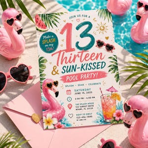 May include: A rectangular pool party invitation card featuring the text 13 Thirteen & SUN-KISSED POOL PARTY! with tropical illustrations of flamingos, palm leaves, a watermelon slice, and a cocktail. The card includes event details for June 15, 2025.