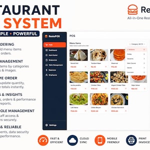 May include: A RestoPOS restaurant management system interface displaying a menu with food images, prices, and a current order sidebar. The graphic includes text listing features like easy ordering, menu management, real-time orders, and reports.