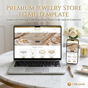 Può includere: Un laptop e uno smartphone che mostrano un modello di sito web di gioielleria. Il sito web presenta gioielli in oro e diamanti. Il testo sullo schermo recita "PREMIUM JEWELRY STORE HTML TEMPLATE". Una penna, un braccialetto, una candela e dei fiori sono anche sul tavolo.