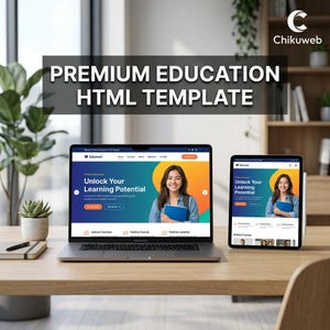 May include: A laptop and tablet showing a website interface with the text "Premium Education HTML Template." The website features a woman holding a book with the text "Unlock Your Learning Potential." The devices are on a wooden desk.