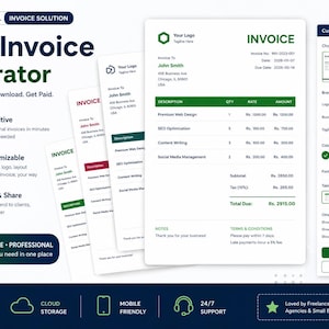 May include: A digital invoice generator interface with a white background and green accents. The interface includes options for customization, template selection, and invoice details. Text includes "Easy Invoice Generator" and "Download & Share."