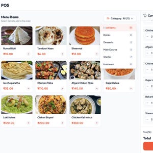 Può includere: Schermata di un'interfaccia del sistema point-of-sale (POS) per un ristorante, che mostra le voci di menu con i prezzi e un riepilogo dell'ordine corrente. L'interfaccia include immagini di cibo come pollo tikka e naan.