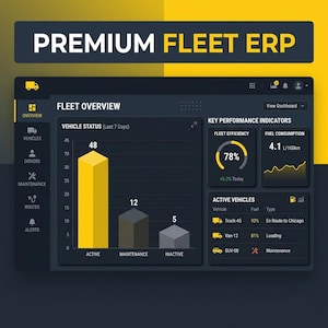 May include: A digital interface with the text "PREMIUM FLEET ERP" at the top. The screen displays fleet overview data, including vehicle status, key performance indicators, and active vehicles. The interface uses a dark theme with yellow accents.