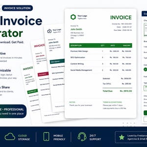 Pode incluir: Interface de gerador de faturas digitais com fundo branco e detalhes verdes. A interface inclui opções de personalização, seleção de modelos e detalhes da fatura. O texto inclui "Easy Invoice Generator" e "Download & Share."