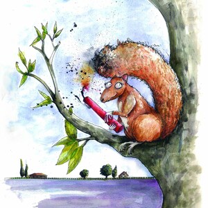 May include: Watercolor illustration of a squirrel holding a lit red firecracker while perched on a tree branch. The squirrel has a surprised expression. The background features a purple landscape and a blue sky.