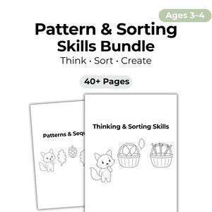 Pode incluir: Um pacote de habilidades de padrões e classificação branco para idades de 3 a 4 anos, com o texto "Think Sort Create" e "40+ páginas". O pacote inclui dois cadernos com ilustrações de uma raposa, folhas e cestos.