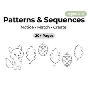 Puede incluir: Ilustración en blanco y negro de un libro de actividades infantiles titulado "Patterns & Sequences". La portada presenta un zorro de dibujos animados, hojas y piñas. El libro es para niños de 3 a 4 años y tiene más de 20 páginas.