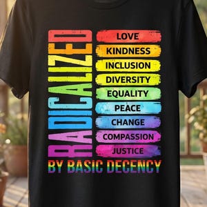 Könnte beinhalten: Schwarzes T-Shirt mit dem Wort "RADICALIZED" in vertikalem Regenbogen-Text. Darunter steht der Satz "BY BASIC DECENCY" in Weiß. Das Shirt zeigt eine Liste von Wörtern in Regenbogenfarben: LOVE, KINDNESS, INCLUSION, DIVERSITY, EQUALITY, PEACE, CHANGE, COMPASSION und JUSTICE.