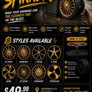 Op de afbeelding: Goudkleurige decoratieve wieldoppen voor vuilnisbakken, gelabeld als Garbage Can Spinners. De afbeelding toont acht verschillende spaakontwerpen, waaronder 10 point, sunburst, 7 spoke, 5 star, swirl, 20 spoke, starburst en propeller voor 21,6 cm wielen.