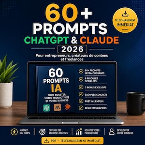 Peut inclure: Une publicité pour un produit numérique montrant un ordinateur portable affichant un guide intitulé 60 PROMPTS IA. L'écran liste des fonctionnalités dont 60+ prompts, 6 modules et 3 bonus. Le fond est bleu foncé avec du texte jaune et une icône.