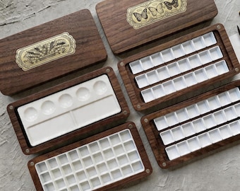 Personalized Walnut Watercolor Palette, 24/48 Half Pan Ceramic Tray, Custom Art Gift