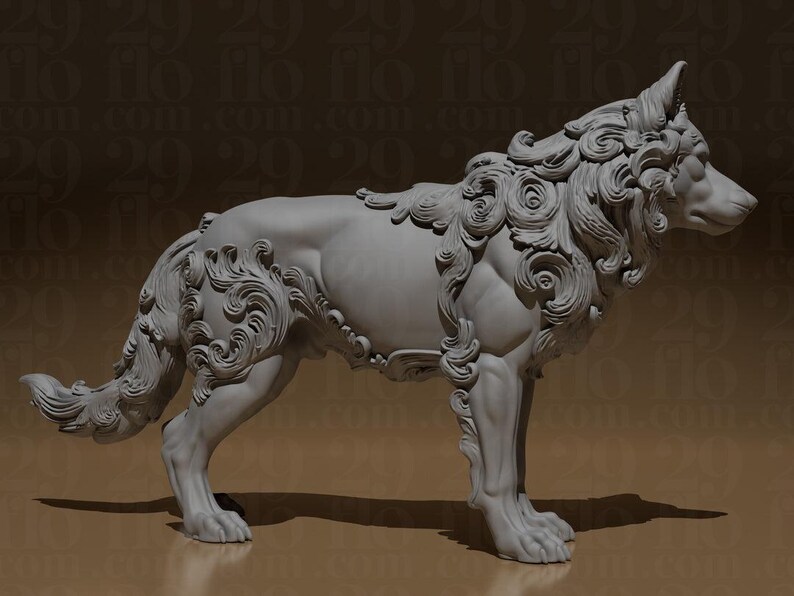 Florale Wolf Skulptur – Barock 3D-Druck image 4