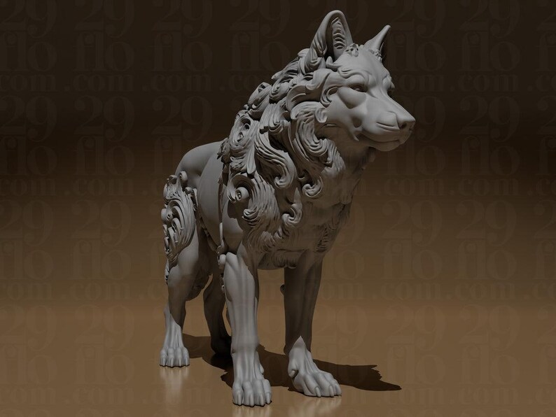 Florale Wolf Skulptur – Barock 3D-Druck image 3