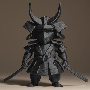 May include: A black samurai figurine, featuring a horned helmet, armour, and two swords. The figure has a geometric design and stands ready. The overall aesthetic is minimalist and modern. The figure is approximately 15 cm tall.