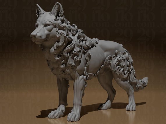 Florale Wolf Skulptur – Barock 3D-Druck