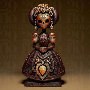 May include: A detailed, brown and gold Day of the Dead figurine. The figure has a skull face, elaborate headdress, and a dress with a heart design. The figurine is standing on a rectangular base.