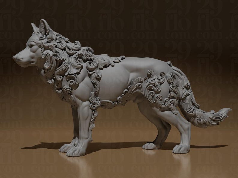 Florale Wolf Skulptur – Barock 3D-Druck image 2
