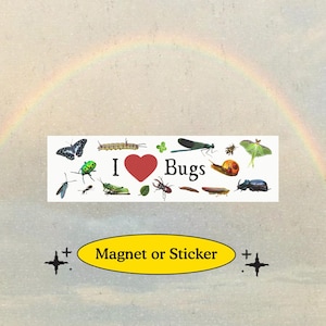 Puede incluir: Una pegatina o imán rectangular con el texto I heart Bugs y un símbolo de corazón rojo. El diseño incluye varias ilustraciones coloridas de insectos, como una mariposa, una oruga, una libélula, un caracol, un escarabajo y una polilla sobre fondo blanco.