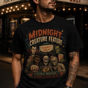 May include: A black t-shirt featuring a graphic print with the text Midnight Creature Feature, Tonight Only, Horror, Admit One, Classic Monsters, Big Screams, Cold Drinks, Good Times, and illustrations of a vampire, werewolf, skeleton, and mummy.