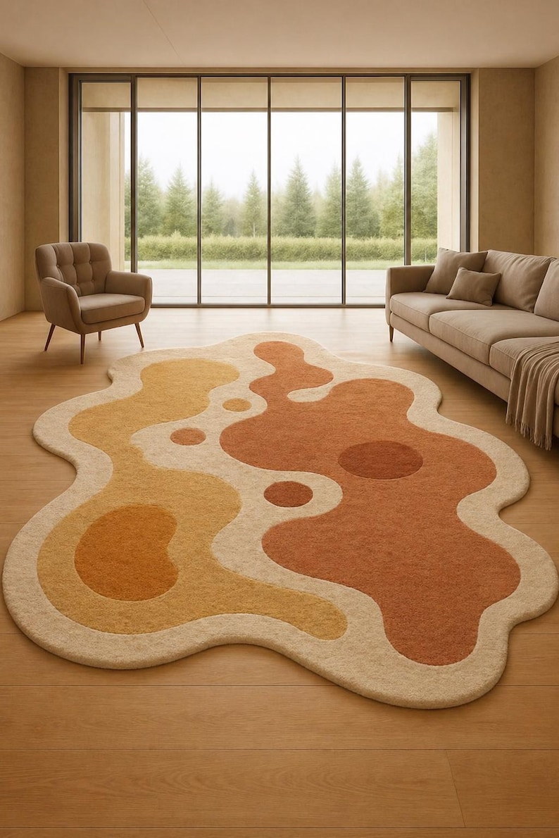 Irregular Abstract Area Rug Modern Abstract Area Rug, Irregular Shape Carpet, Neutral Beige ...