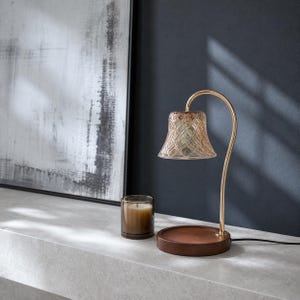 Amber Glass Candle Warmer Lamp, Round Wood Base, Remote Timer, US EU UK Plug