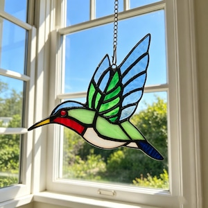 Authentic Tiffany Technique Blue Hummingbird Suncatcher, Handmade Copper Foil Stained Glass Bird, Favrile Glass Window Hanging