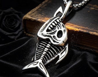 Vintage Full Fishbone Titanium Steel Pendant Necklace / Unisex / Hip-Hop Punk Jewelry Gift