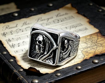 Bague en titane rétro Faucheuse / Unisexe / Cadeau de style punk hip-hop