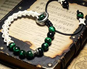 Vintage Genuine Snake Bone and Tiger's Eye Adjustable Beaded Bracelet / Unisex