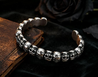 Vintage Silver-Tone Titanium Gothic Skull Open-Ended Bracelet / Unisex / Hip-Hop Punk Jewelry Gift