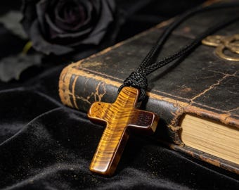 Vintage Natural Tiger's Eye Cross Pendant / Unisex / Faith and Prayer Jewelry Gift