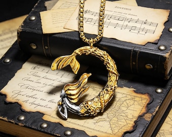 Vintage Gold Mermaid Titanium Steel Pendant Necklace / Luxury Fashion Jewelry Gift / Unisex