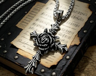 Vintage Rose Cross Titanium Steel Pendant Necklace / Unisex / Hip-Hop Punk Jewelry Gift