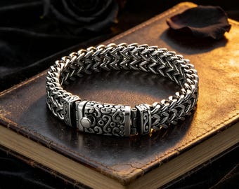 Vintage Silver Double-Row Heavy-Duty Tribal Engraved Titanium Steel Bracelet / Unisex / Biker Jewelry