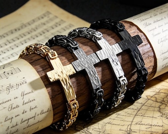 Vintage-Style Curved Cross Chain Bracelet / Hip-Hop Punk-Style Jewelry Gift / Titanium Steel