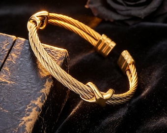 Titanium and Steel Vintage Gold Double-Layer Twisted Open Bangle / Unisex / Luxury Fashion Jewelry Gift