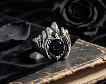 Vintage Titanium and Steel Hand-Set Agate Bird Ring / Unisex / Hip-Hop Punk Jewelry Gift