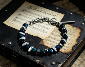 Vintage Natural Blue Tiger's Eye and Titanium Steel Mix-and-Match Adjustable Bead Bracelet / Unisex
