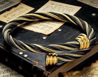 Vintage Two-Tone Twisted Wire Open-Ended Titanium Bracelet / Unisex / Luxury Fashion Jewelry Gift