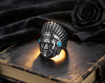 Vintage Titanium and Steel Turquoise Inlay Native American Ring / Unisex / Hip-Hop Punk Jewelry Gift