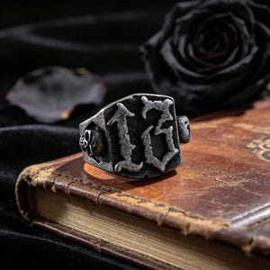 Vintage Heavy-Duty Titanium and Steel Distressed “13” Skull Ring / Unisex / Hip-Hop Punk Jewelry Gift
