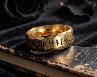 Vintage Titanium Gold Hammered Texture Viking Rune Ring / Unisex Ring / Fashion Jewelry Gift