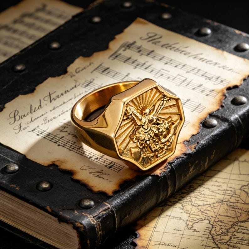 Peut inclure: Une bague chevali&egrave;re dor&eacute;e avec une face octogonale orn&eacute;e d'un motif en relief d&eacute;taill&eacute;. La bague repose sur un livre ancien avec du papier vieilli et des notes de musique. Le motif de la bague repr&eacute;sente une figure avec des ailes d&eacute;ploy&eacute;es.