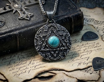 Vintage Round Hexagram Pendant Necklace with Turquoise Inlay / Unisex / Hip-Hop Punk Jewelry Gift