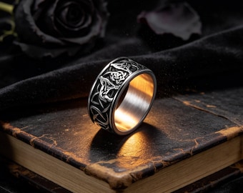Vintage Silver-Plated Engraved Viking Wolf Titanium Ring / Unisex / Hip-Hop Punk Jewelry Gift