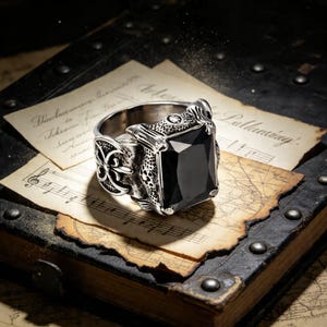 May include: A silver ring with a large, rectangular black gemstone. The ring has ornate detailing on the band and around the stone. The ring is displayed on a vintage-style surface with aged paper and musical notes.