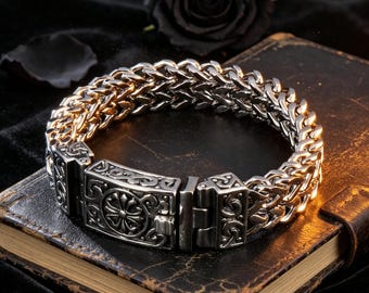 Vintage Silver Cross Double-Row Titanium Steel Chain Bracelet / Harley-Davidson Motorcycle Rider Jewelry Accessory